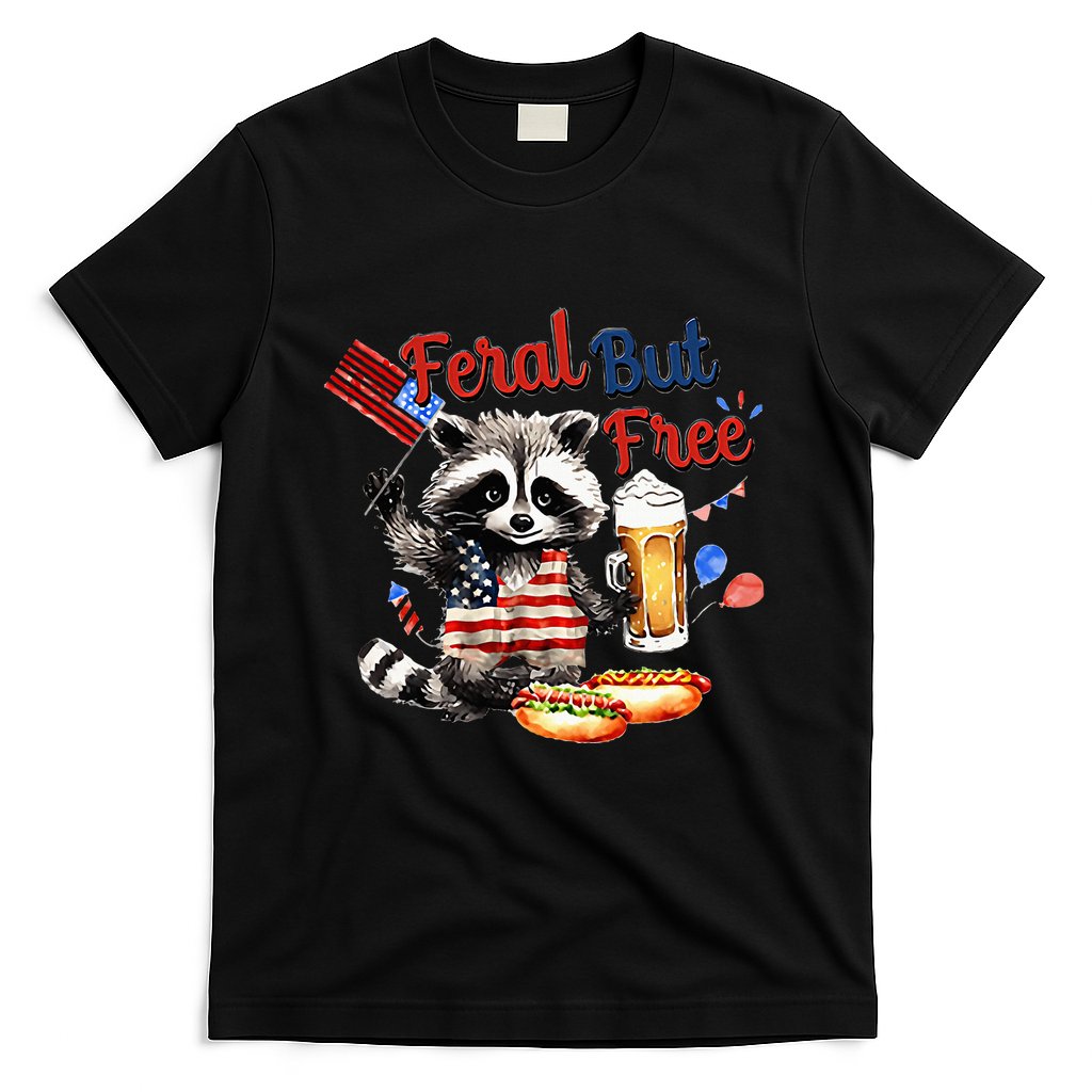 Funny Raccoon Feral But Free 4th Of July American Flag T-Shirt