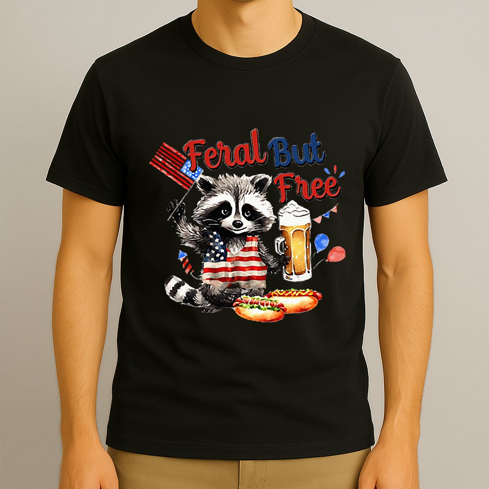 Funny Raccoon Feral But Free 4th Of July American Flag T-Shirt