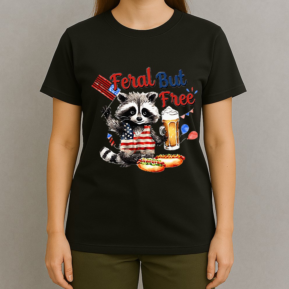 Funny Raccoon Feral But Free 4th Of July American Flag T-Shirt