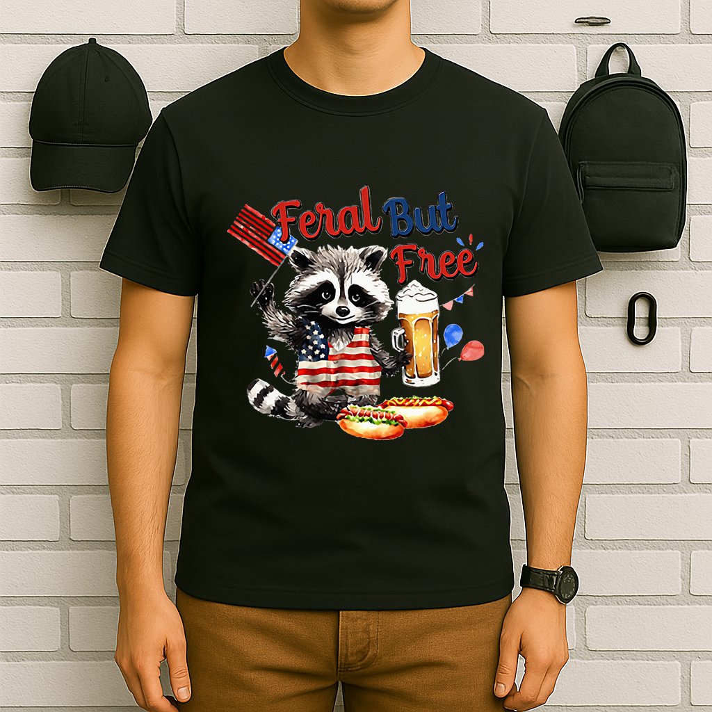 Funny Raccoon Feral But Free 4th Of July American Flag T-Shirt