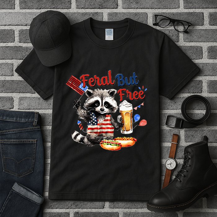 Funny Raccoon Feral But Free 4th Of July American Flag Tall T-Shirt