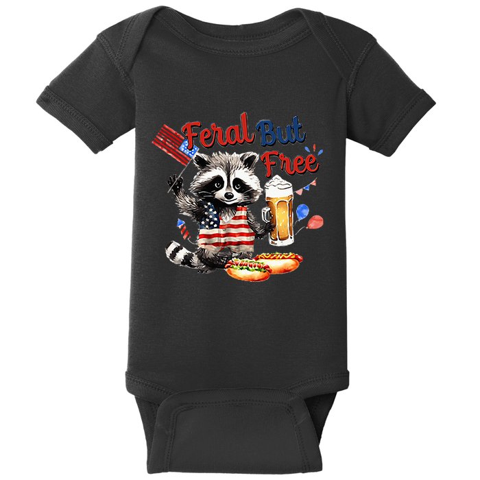 Funny Raccoon Feral But Free 4th Of July American Flag Baby Bodysuit