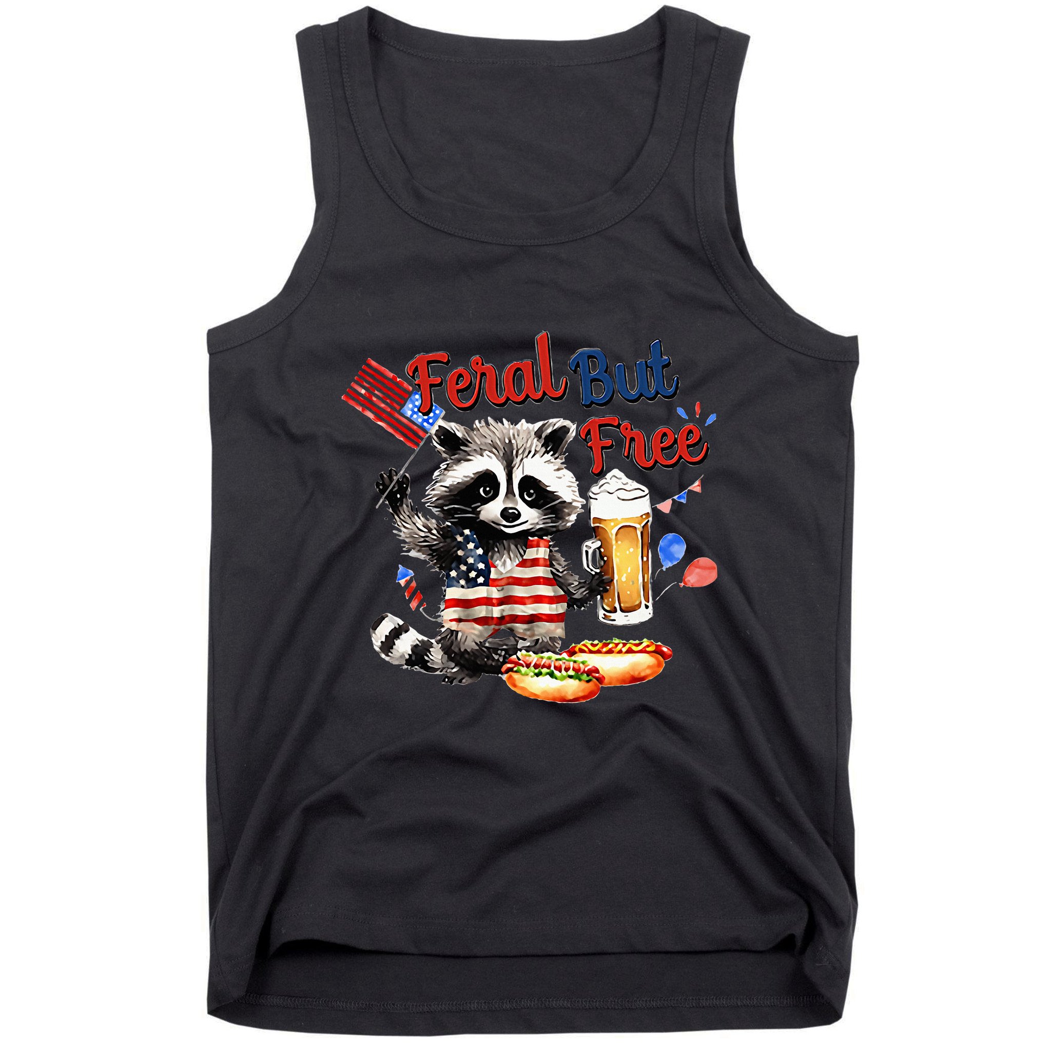 Funny Raccoon Feral But Free 4th Of July American Flag Tank Top