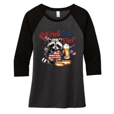 Funny Raccoon Feral But Free 4th Of July American Flag Women's Tri-Blend 3/4-Sleeve Raglan Shirt