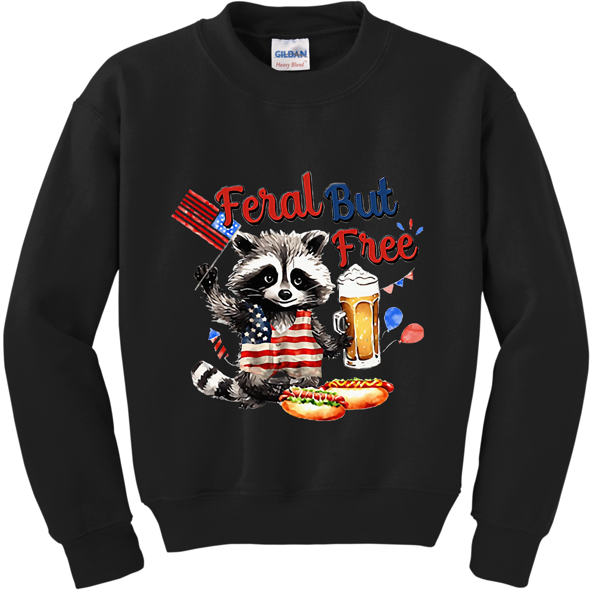Funny Raccoon Feral But Free 4th Of July American Flag Kids Sweatshirt