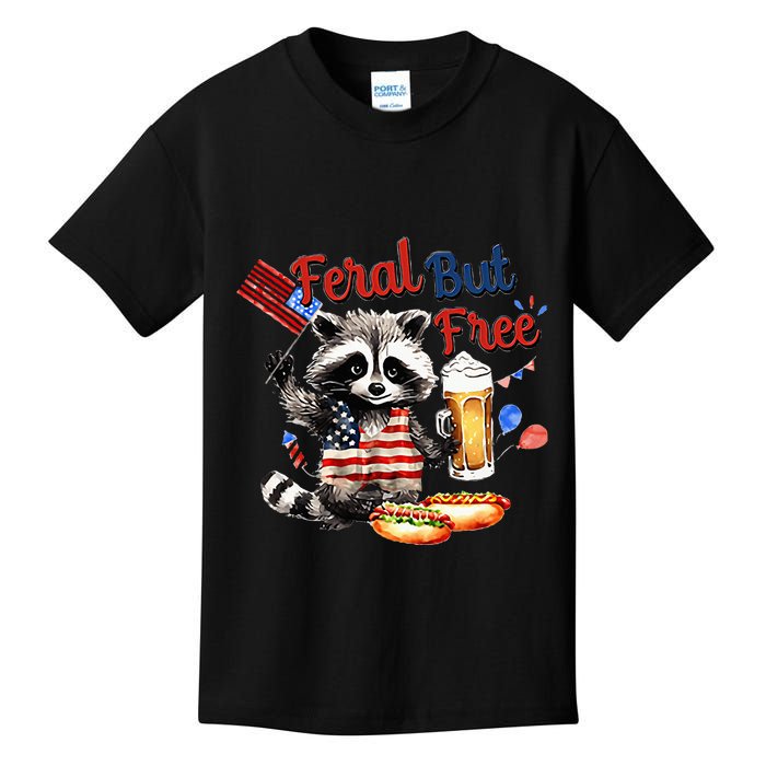 Funny Raccoon Feral But Free 4th Of July American Flag Kids T-Shirt