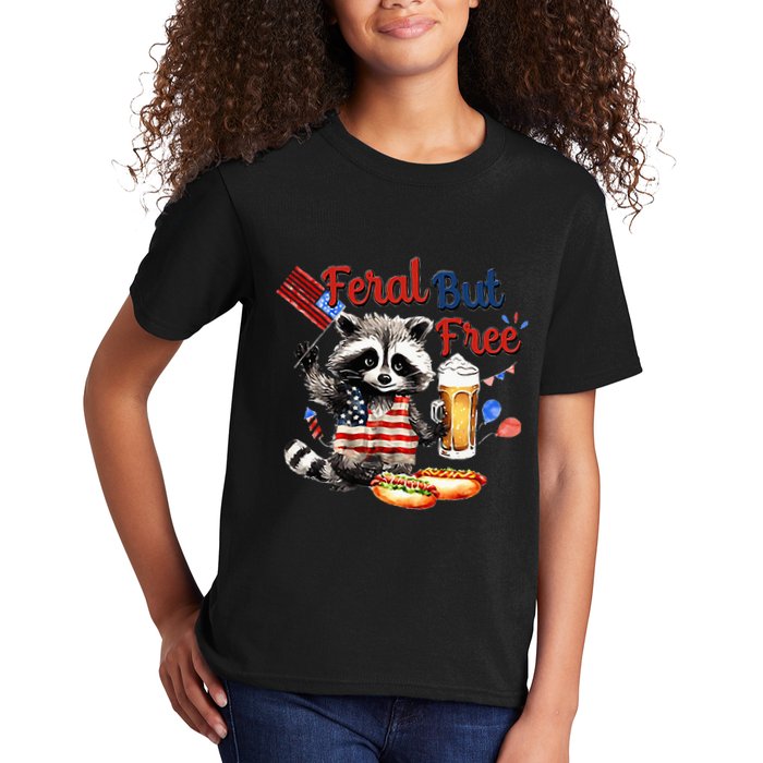 Funny Raccoon Feral But Free 4th Of July American Flag Kids T-Shirt