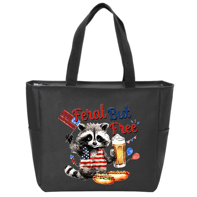 Funny Raccoon Feral But Free 4th Of July American Flag Zip Tote Bag
