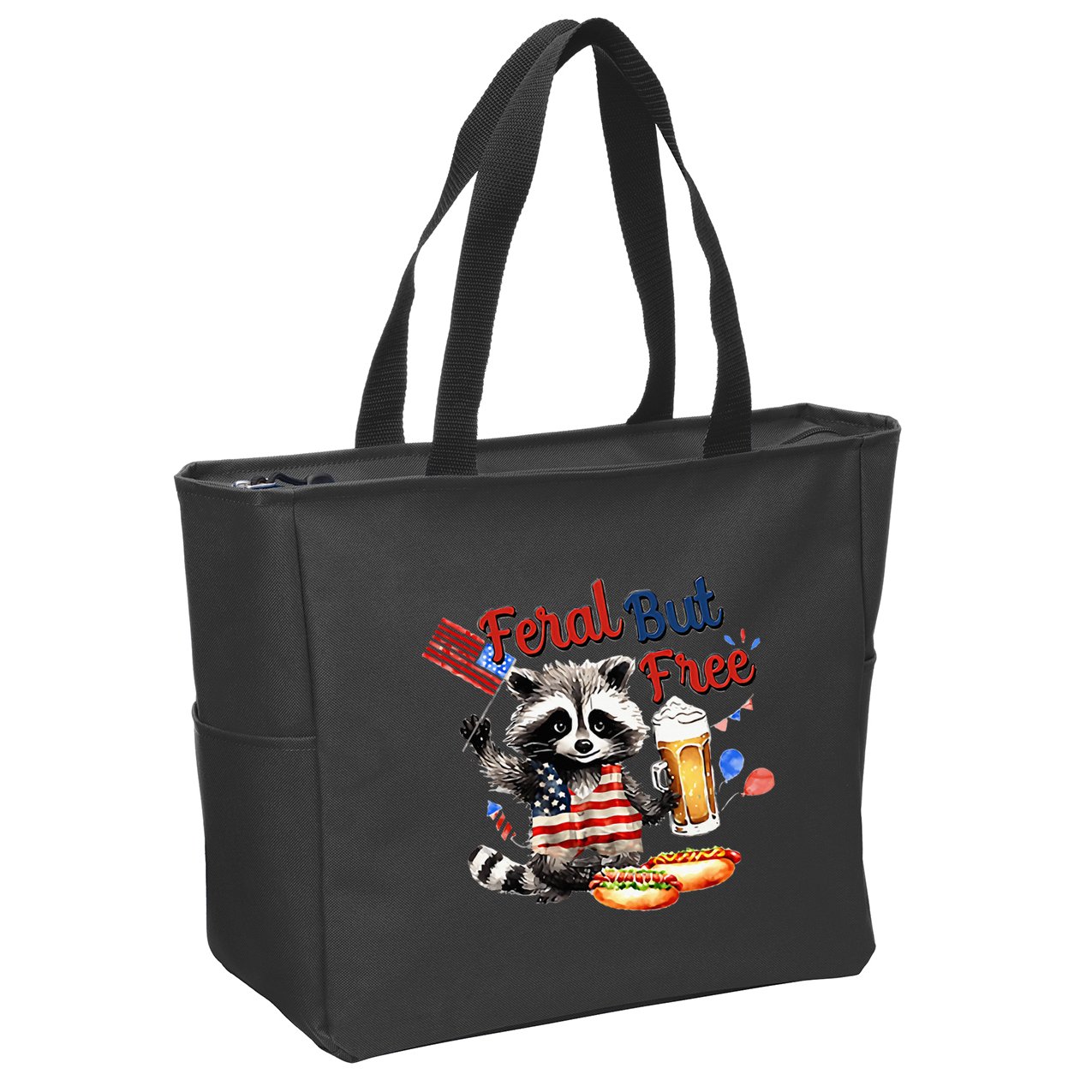 Funny Raccoon Feral But Free 4th Of July American Flag Zip Tote Bag
