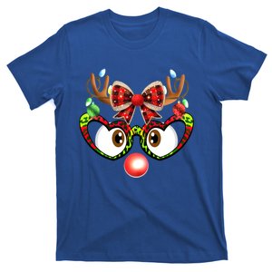 Funny Reindeer Face Coquette Bow Leopard Glasses Xmas Lights Cute Gift T-Shirt