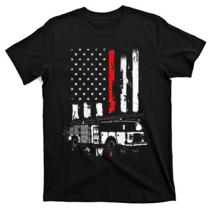 Fireman Red Flag Distressed Firefighter Truck American Flag T-Shirt