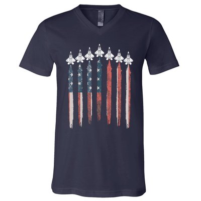 F22 Raptor Fighter Jet Usa Flag Airplane F22 4th Of July V-Neck T-Shirt