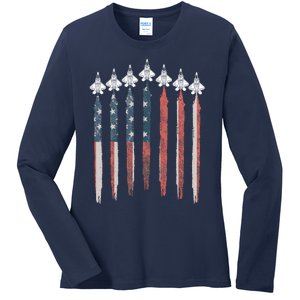 F22 Raptor Fighter Jet Usa Flag Airplane F22 4th Of July Ladies Long Sleeve Shirt