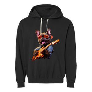 Funny Rock French Bulldog Playing Guitar Garment-Dyed Fleece Hoodie