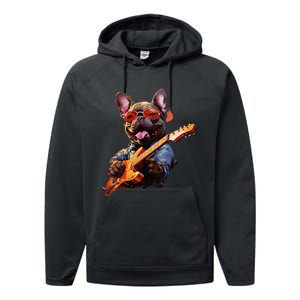 Funny Rock French Bulldog Playing Guitar Performance Fleece Hoodie