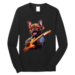 Funny Rock French Bulldog Playing Guitar Long Sleeve Shirt