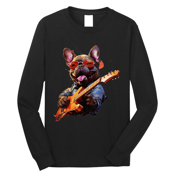 Funny Rock French Bulldog Playing Guitar Long Sleeve Shirt