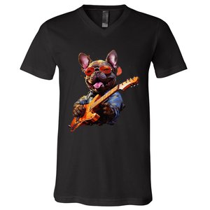 Funny Rock French Bulldog Playing Guitar V-Neck T-Shirt