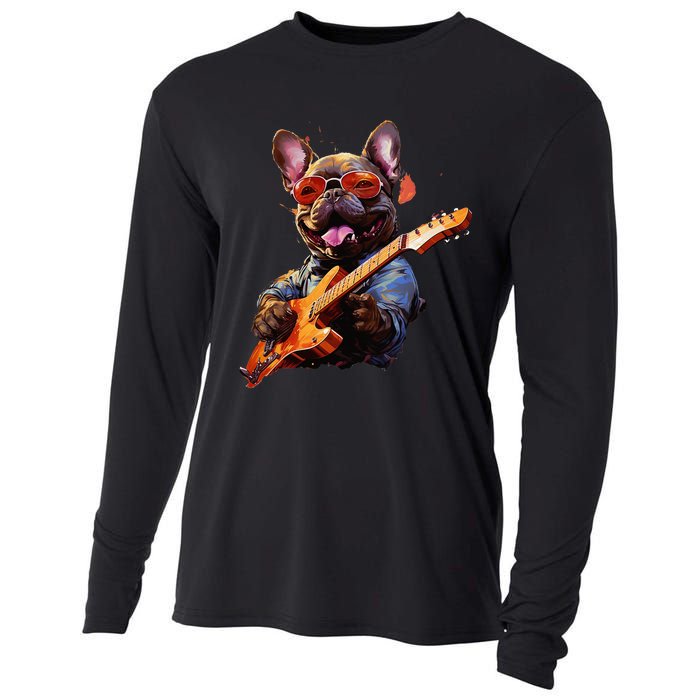 Funny Rock French Bulldog Playing Guitar Cooling Performance Long Sleeve Crew