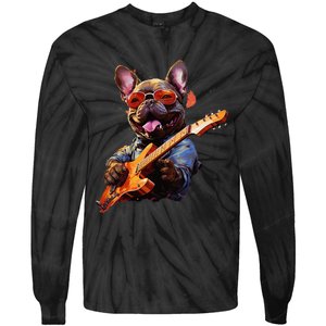 Funny Rock French Bulldog Playing Guitar Tie-Dye Long Sleeve Shirt