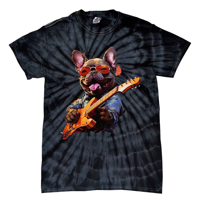 Funny Rock French Bulldog Playing Guitar Tie-Dye T-Shirt