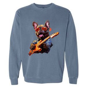 Funny Rock French Bulldog Playing Guitar Garment-Dyed Sweatshirt