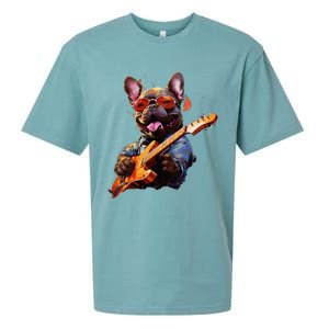 Funny Rock French Bulldog Playing Guitar Sueded Cloud Jersey T-Shirt