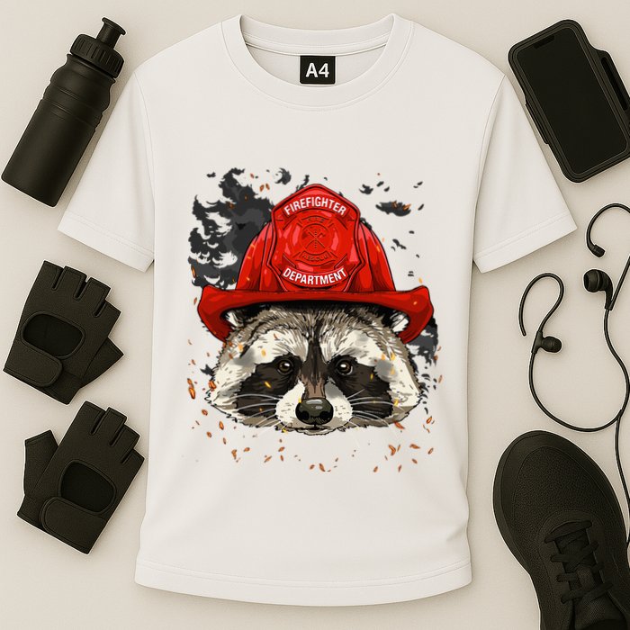 Firefighter Raccoon Fire Department Fireman Trash Panda Cooling Performance Crew T-Shirt
