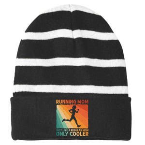 Funny Running For Mom Marathoner Runner Coach Racing  Striped Beanie with Solid Band