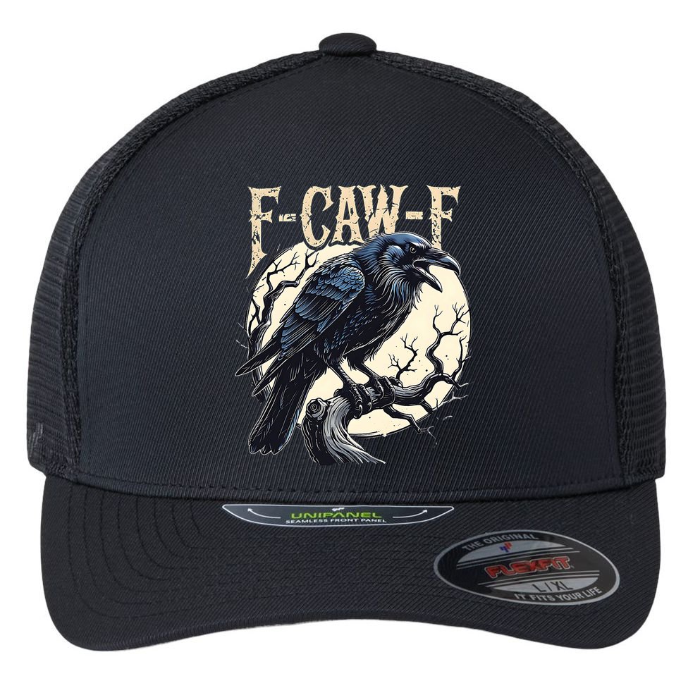F-CAW-F Raven Funny Crow Pun Retro Gothic Aesthetic  Flexfit Unipanel Trucker Cap