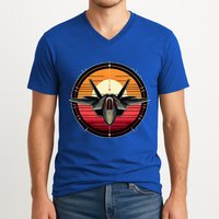 F22 Raptor Fighter Jet Silhouette Sunset Military Aviation V-Neck T-Shirt