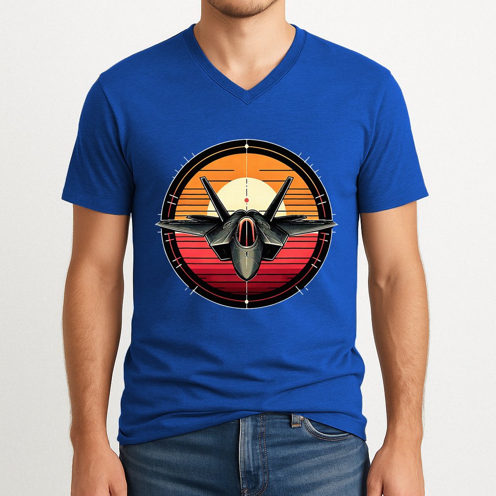 F22 Raptor Fighter Jet Silhouette Sunset Military Aviation V-Neck T-Shirt