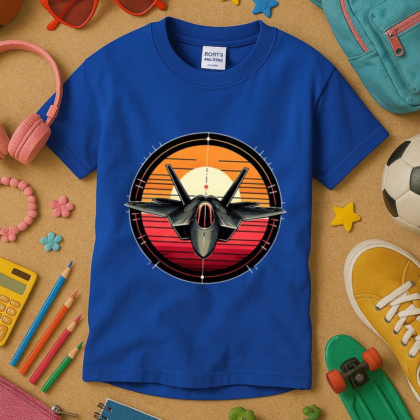 F22 Raptor Fighter Jet Silhouette Sunset Military Aviation Kids T-Shirt