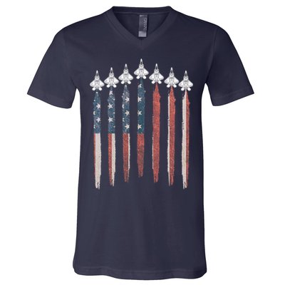 F22 Raptor Fighter Jet USA Flag Airplane F22 4th Of July V-Neck T-Shirt