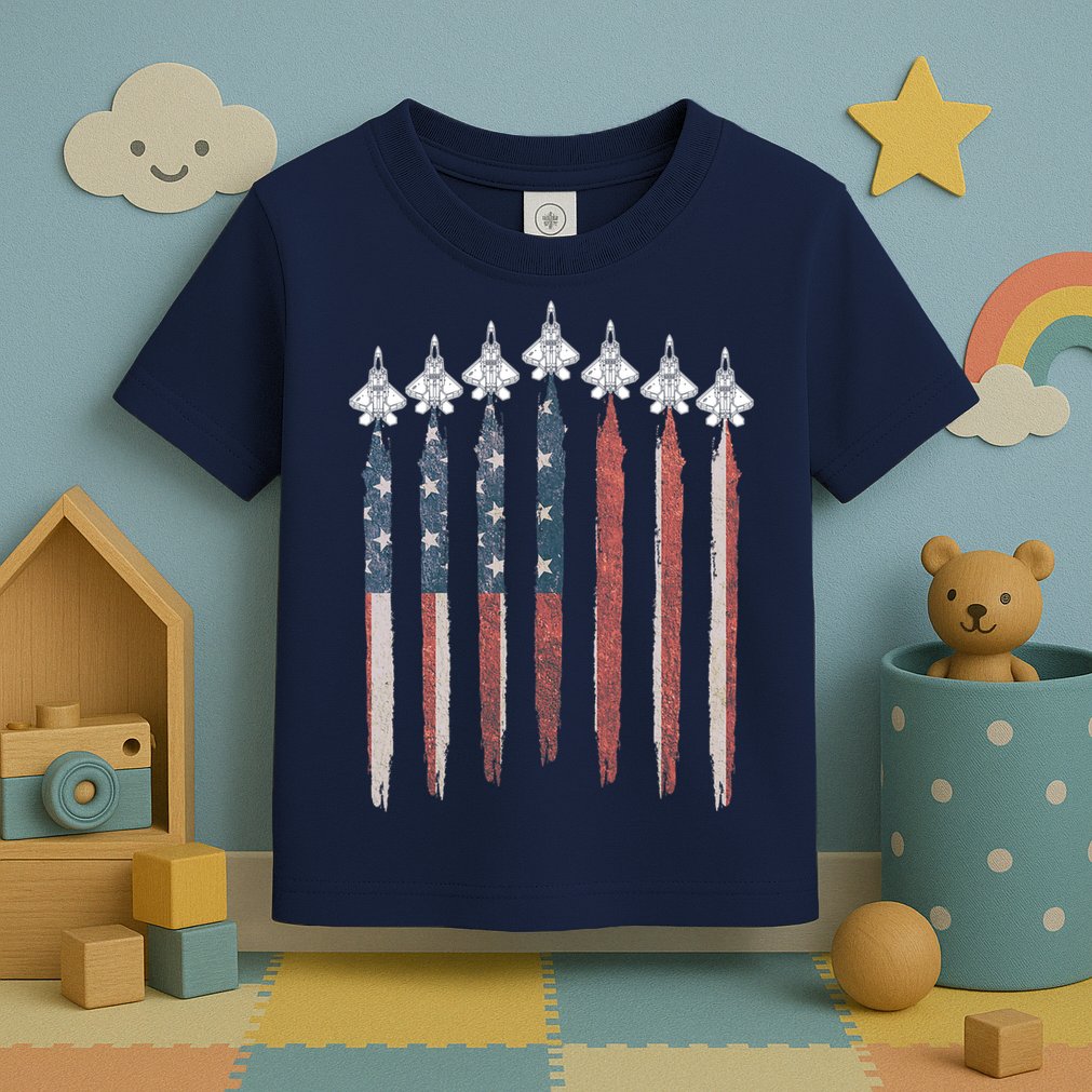 F22 Raptor Fighter Jet USA Flag Airplane F22 4th Of July Toddler T-Shirt