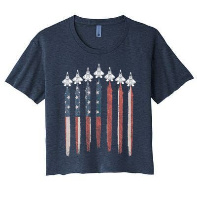 F22 Raptor Fighter Jet USA Flag Airplane F22 4th Of July Crop Top