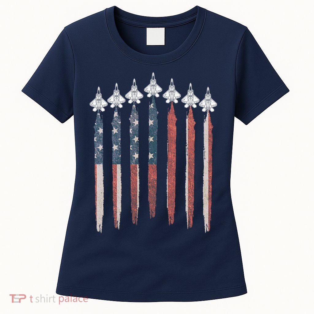 F22 Raptor Fighter Jet USA Flag Airplane F22 4th Of July Womens T-Shirt