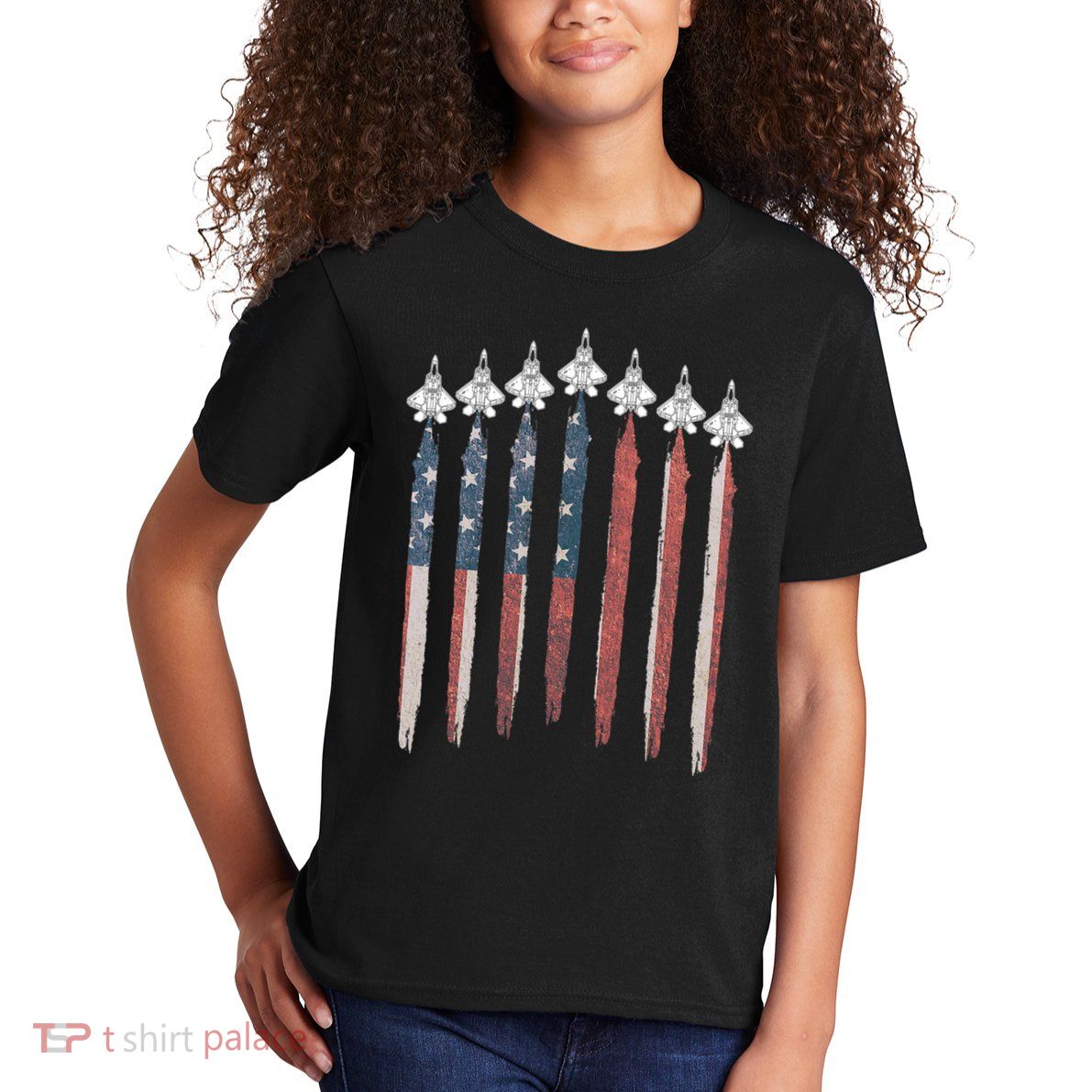 F22 Raptor Fighter Jet USA Flag Airplane F22 4th Of July Kids T-Shirt