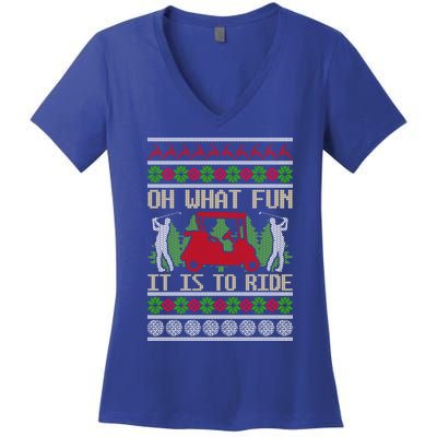 Funny Ride Golf Cart Ugly Christmas Sweater Golfing Golfer Funny Gift Women's V-Neck T-Shirt