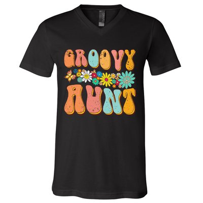 Funny Retro Groovy Birthday Family Matching Cute Groovy Aunt V-Neck T-Shirt
