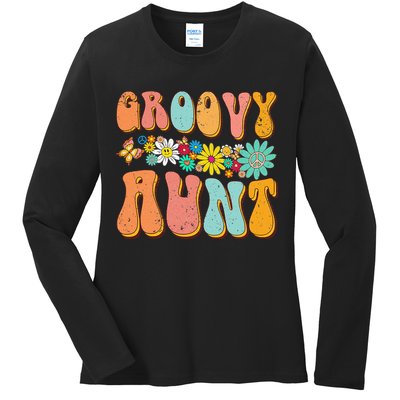 Funny Retro Groovy Birthday Family Matching Cute Groovy Aunt Ladies Long Sleeve Shirt