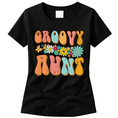 Funny Retro Groovy Birthday Family Matching Cute Groovy Aunt Womens T-Shirt