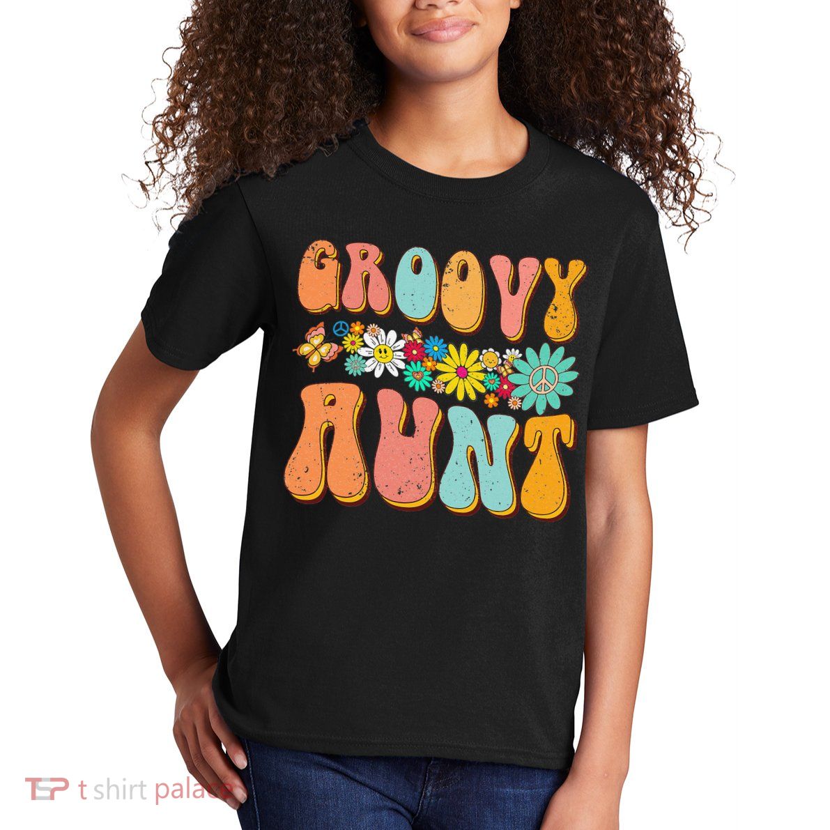 Funny Retro Groovy Birthday Family Matching Cute Groovy Aunt Kids T-Shirt