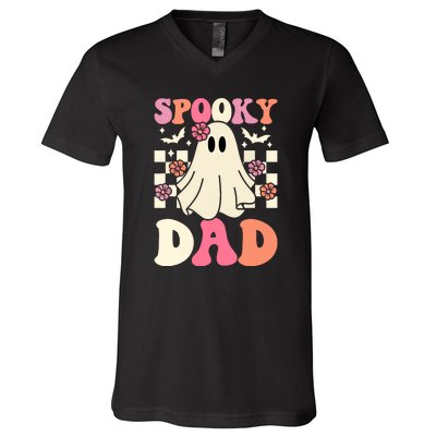 Family Retro Groovy Spooky Dad Halloween Ghost Costume Gift V-Neck T-Shirt