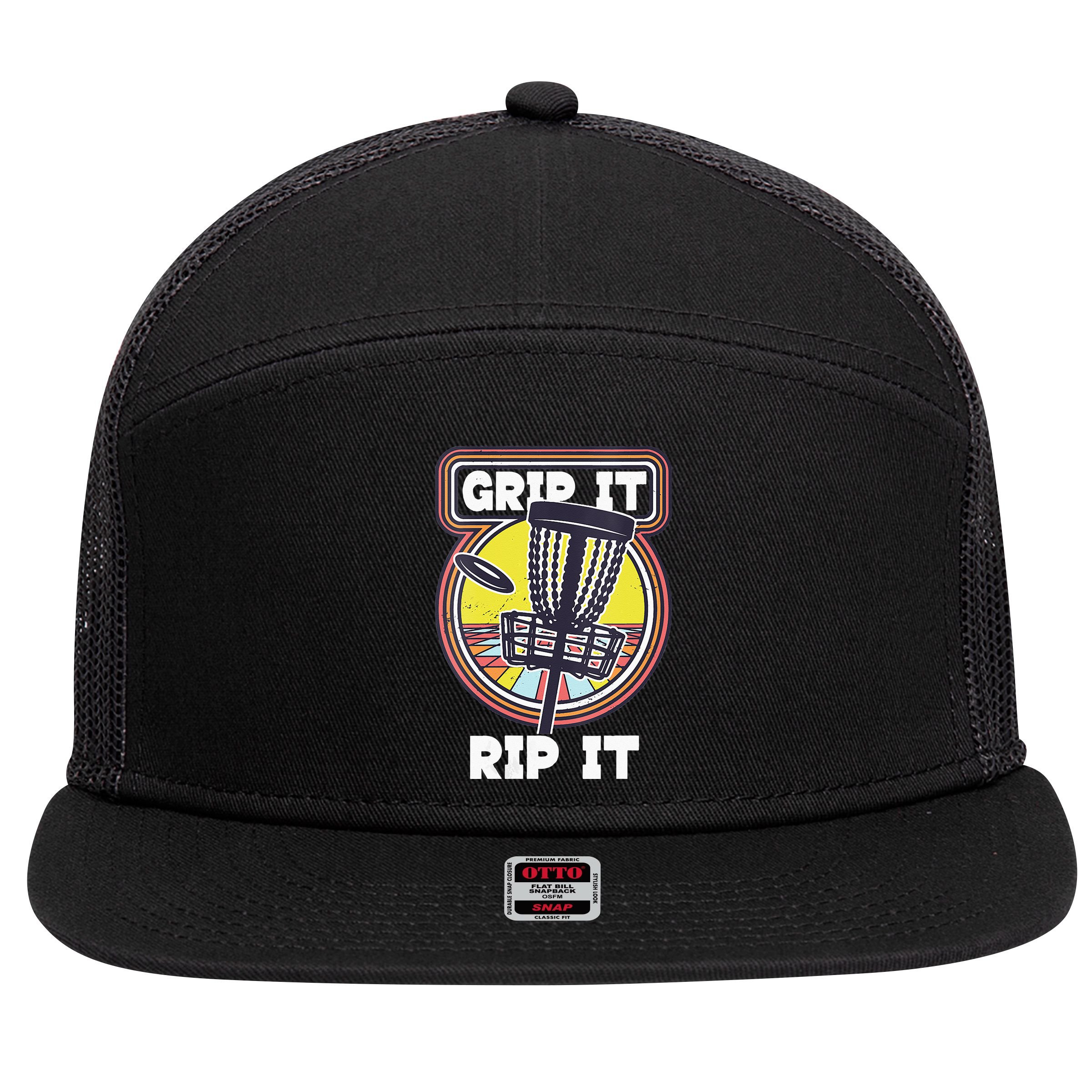 Funny Retro Grip and Rip It Disc Golf 7 Panel Mesh Trucker Snapback Hat