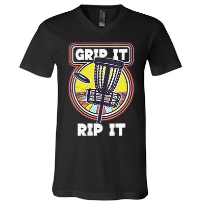 Funny Retro Grip and Rip It Disc Golf V-Neck T-Shirt