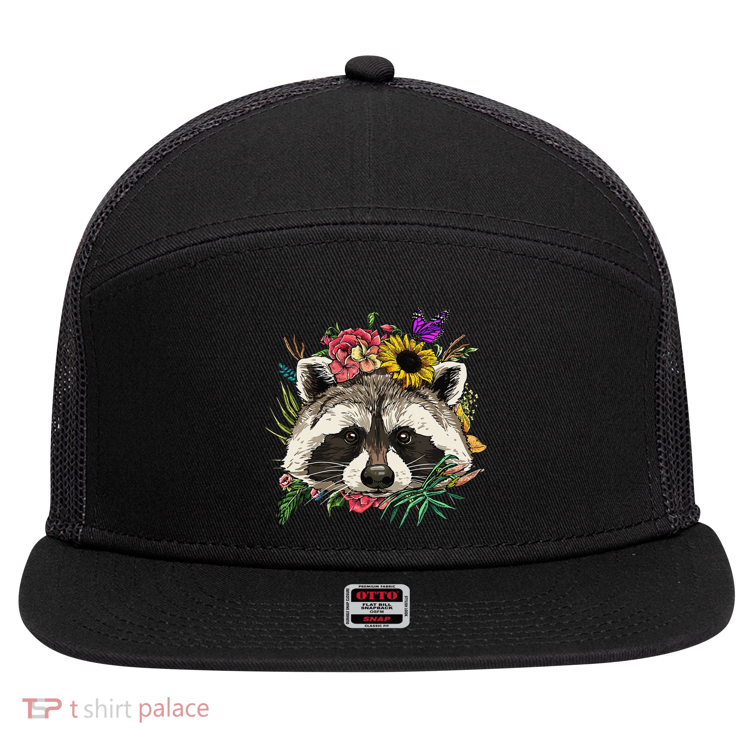 Floral Raccoon Gardening Botanical Plant Flower Trash Panda 7 Panel Mesh Trucker Snapback Hat
