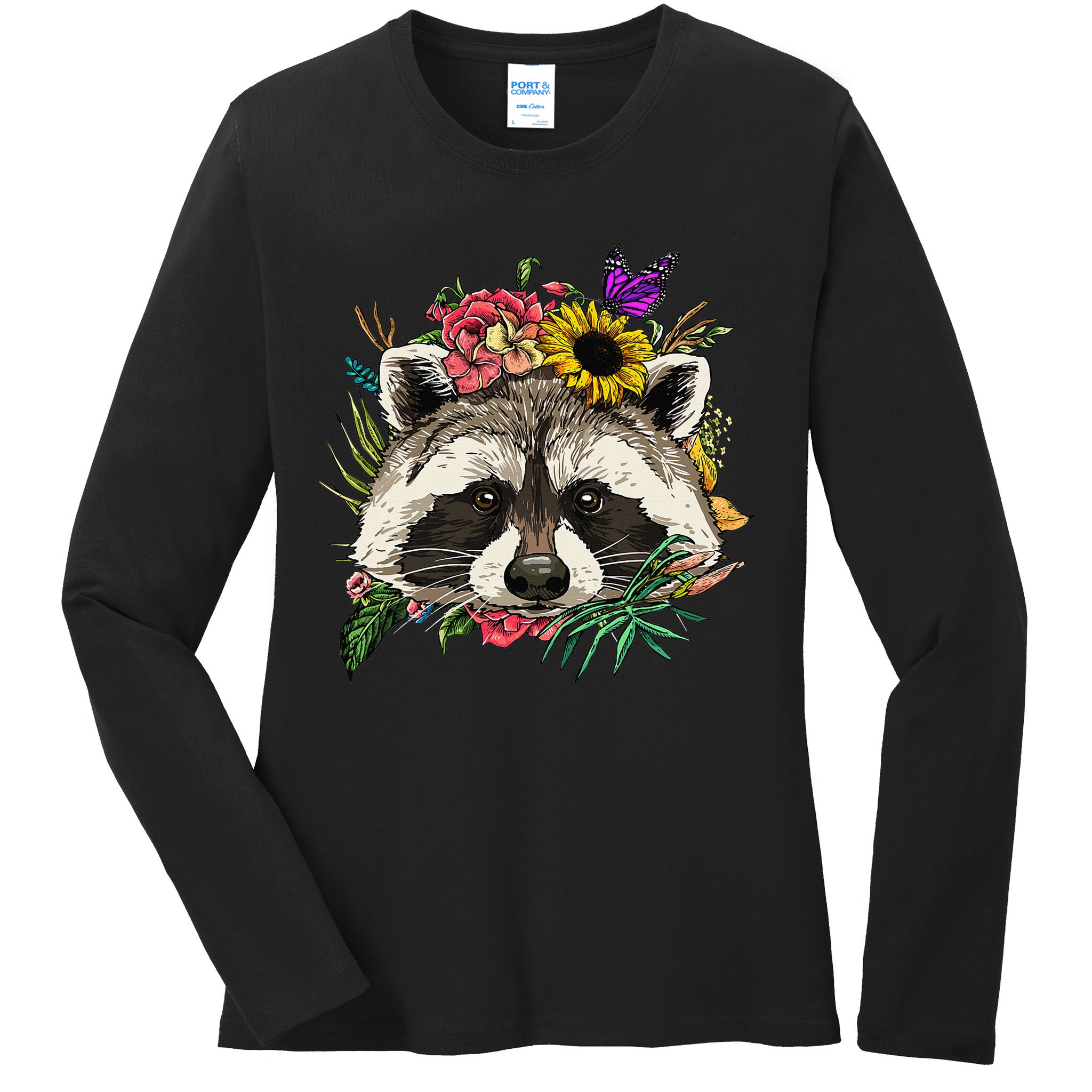 Floral Raccoon Gardening Botanical Plant Flower Trash Panda Ladies Long Sleeve Shirt