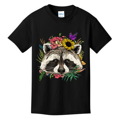 Floral Raccoon Gardening Botanical Plant Flower Trash Panda Kids T-Shirt