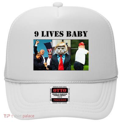 Funny Retro Groovy Cat Trump 9 Lives Baby High Crown Mesh Back Trucker Hat